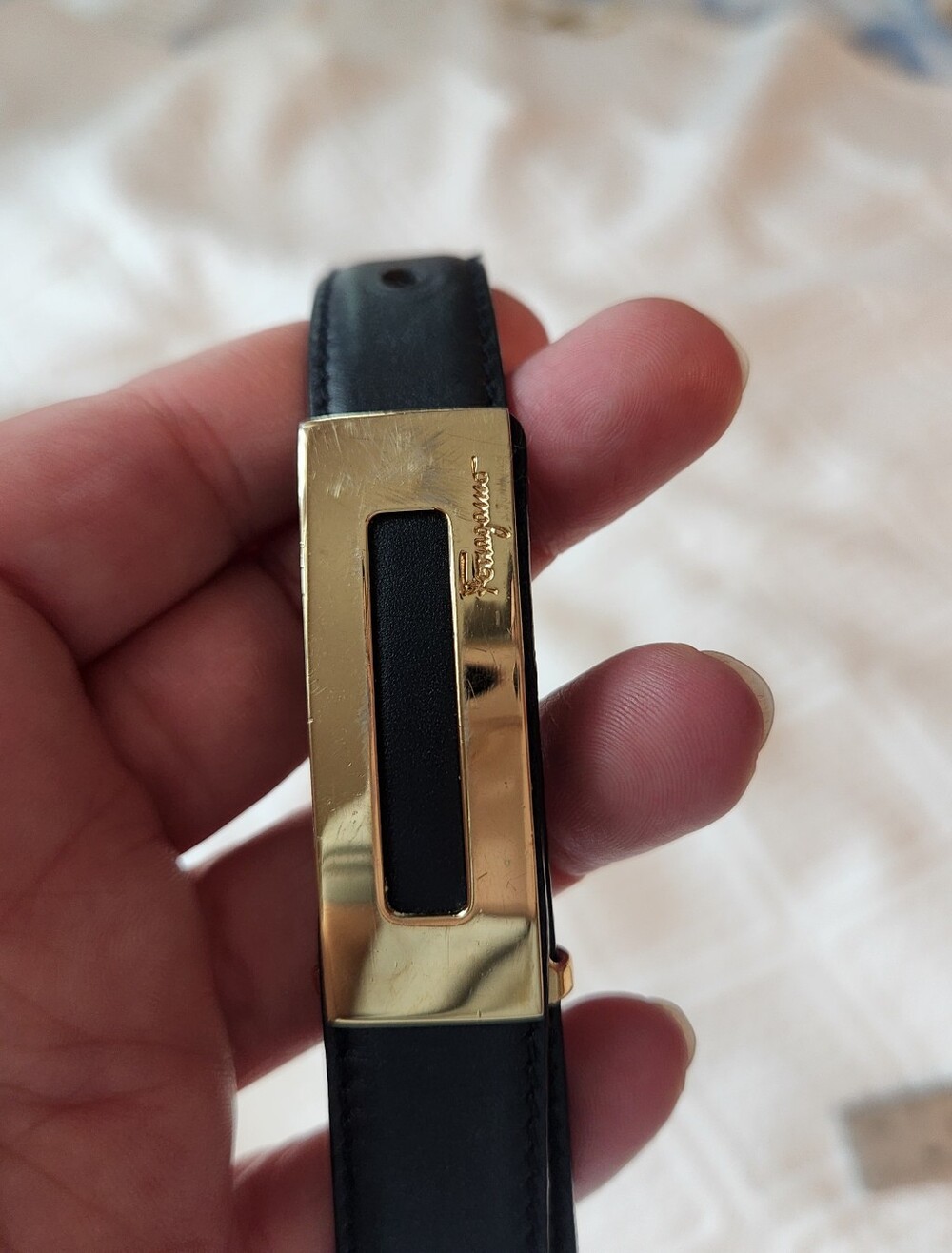Salvatore Ferragamo Black Leather Belt with Gold Plate